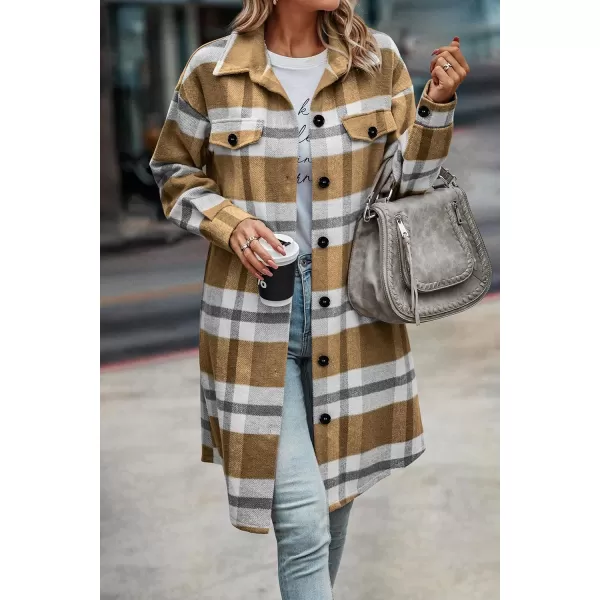 imagePRETTYGARDEN Womens Plaid Shacket 2024 Long Sleeve Button Up Flannel Shirt Winter Tartan Jacket Woolen CoatsPlaid Yellow