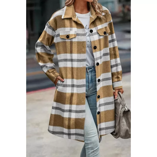 imagePRETTYGARDEN Womens Plaid Shacket 2024 Long Sleeve Button Up Flannel Shirt Winter Tartan Jacket Woolen CoatsPlaid Yellow
