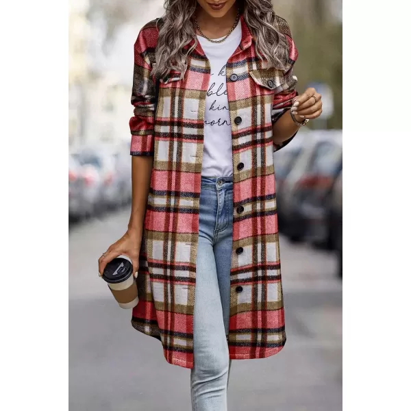imagePRETTYGARDEN Womens Plaid Shacket 2024 Long Sleeve Button Up Flannel Shirt Winter Tartan Jacket Woolen CoatsRed