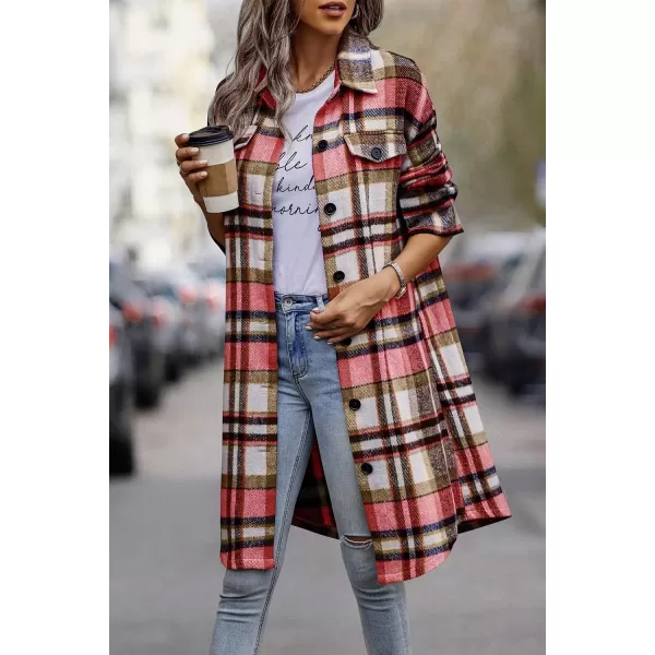 imagePRETTYGARDEN Womens Plaid Shacket 2024 Long Sleeve Button Up Flannel Shirt Winter Tartan Jacket Woolen CoatsRed