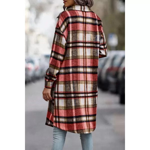 imagePRETTYGARDEN Womens Plaid Shacket 2024 Long Sleeve Button Up Flannel Shirt Winter Tartan Jacket Woolen CoatsRed