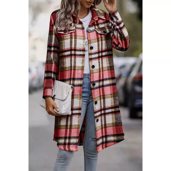 imagePRETTYGARDEN Womens Plaid Shacket 2024 Long Sleeve Button Up Flannel Shirt Winter Tartan Jacket Woolen CoatsRed