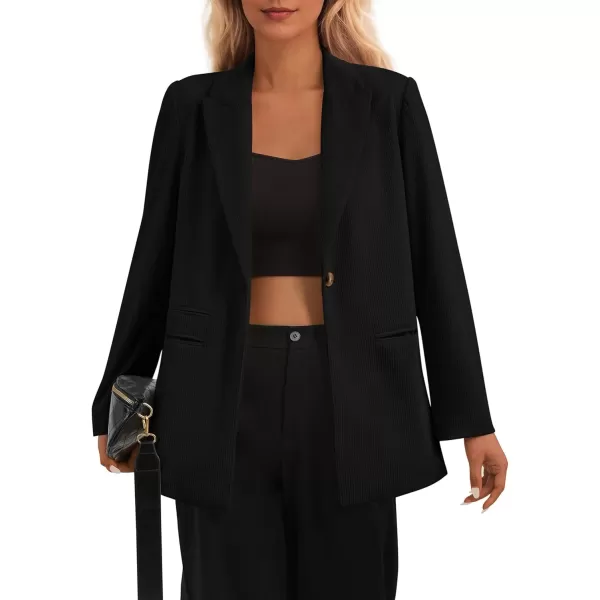 imagePRETTYGARDEN Womens Winter Corduroy Blazers Jackets Dressy Casual Ribbed Long Sleeve Lapel Fashion Work Business OuterwearBlack