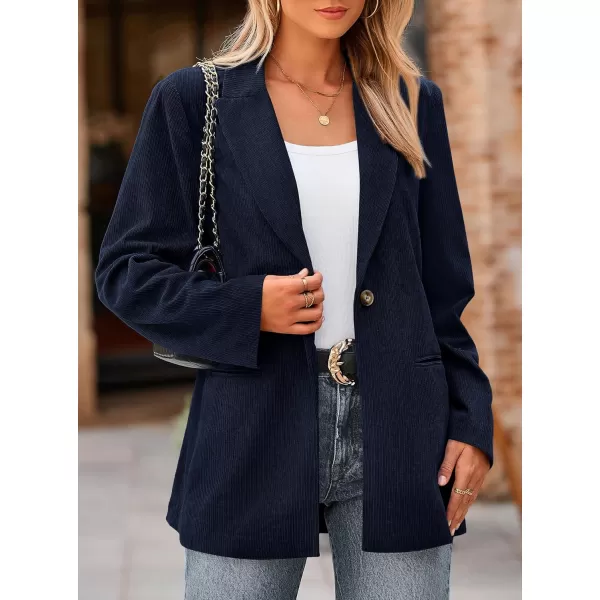 imagePRETTYGARDEN Womens Winter Corduroy Blazers Jackets Dressy Casual Ribbed Long Sleeve Lapel Fashion Work Business OuterwearNavy