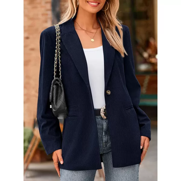 imagePRETTYGARDEN Womens Winter Corduroy Blazers Jackets Dressy Casual Ribbed Long Sleeve Lapel Fashion Work Business OuterwearNavy