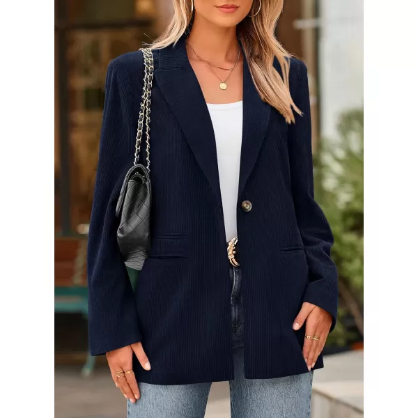 imagePRETTYGARDEN Womens Winter Corduroy Blazers Jackets Dressy Casual Ribbed Long Sleeve Lapel Fashion Work Business OuterwearNavy