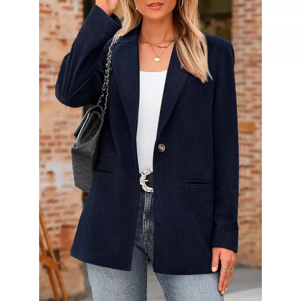 imagePRETTYGARDEN Womens Winter Corduroy Blazers Jackets Dressy Casual Ribbed Long Sleeve Lapel Fashion Work Business OuterwearNavy