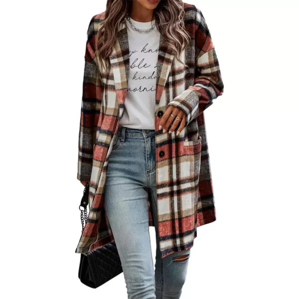 imagePRETTYGARDEN Womens 2024 Plaid Shacket Jacket Casual Button Wool Blend Winter Tartan Trench Coat With PocketsBrick Red