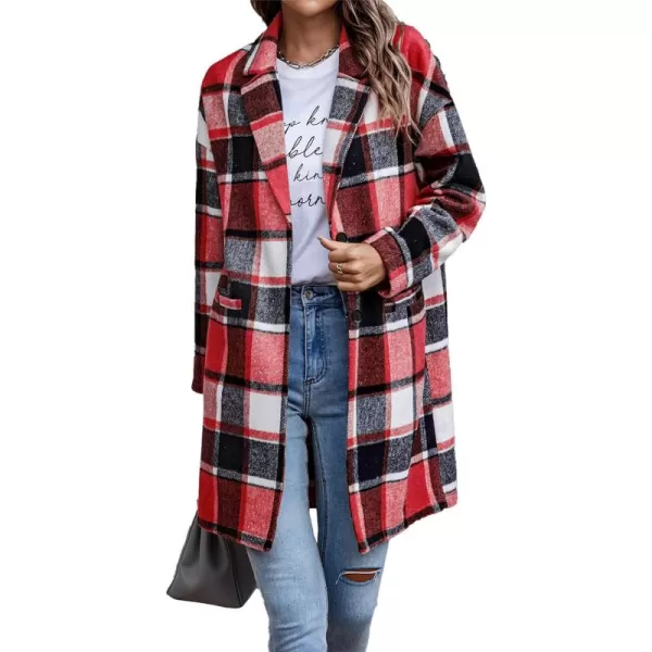 imagePRETTYGARDEN Womens 2024 Plaid Shacket Jacket Casual Button Wool Blend Winter Tartan Trench Coat With PocketsBrilliant Red