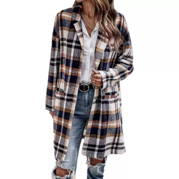 imagePRETTYGARDEN Womens 2024 Plaid Shacket Jacket Casual Button Wool Blend Winter Tartan Trench Coat With PocketsBrown