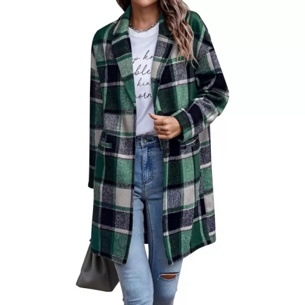 imagePRETTYGARDEN Womens 2024 Plaid Shacket Jacket Casual Button Wool Blend Winter Tartan Trench Coat With PocketsDark Green