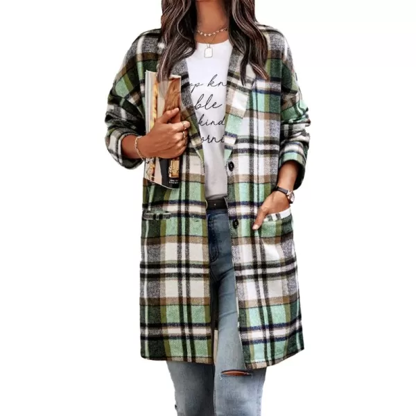 imagePRETTYGARDEN Womens 2024 Plaid Shacket Jacket Casual Button Wool Blend Winter Tartan Trench Coat With PocketsGreen