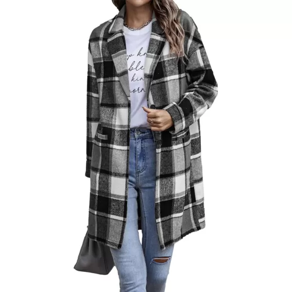 imagePRETTYGARDEN Womens 2024 Plaid Shacket Jacket Casual Button Wool Blend Winter Tartan Trench Coat With PocketsGrey