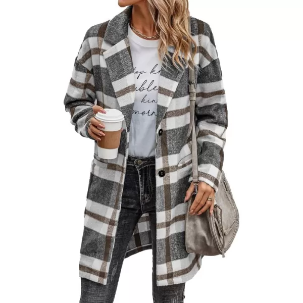 imagePRETTYGARDEN Womens 2024 Plaid Shacket Jacket Casual Button Wool Blend Winter Tartan Trench Coat With PocketsGrey White