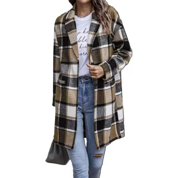 imagePRETTYGARDEN Womens 2024 Plaid Shacket Jacket Casual Button Wool Blend Winter Tartan Trench Coat With PocketsKhaki