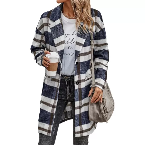 imagePRETTYGARDEN Womens 2024 Plaid Shacket Jacket Casual Button Wool Blend Winter Tartan Trench Coat With PocketsNavy White