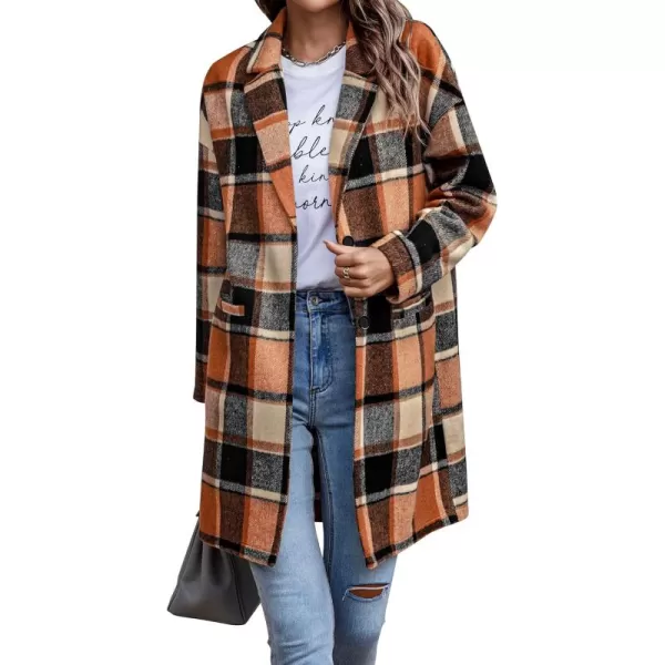 imagePRETTYGARDEN Womens 2024 Plaid Shacket Jacket Casual Button Wool Blend Winter Tartan Trench Coat With PocketsOrange