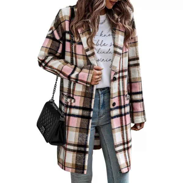 imagePRETTYGARDEN Womens 2024 Plaid Shacket Jacket Casual Button Wool Blend Winter Tartan Trench Coat With PocketsPink