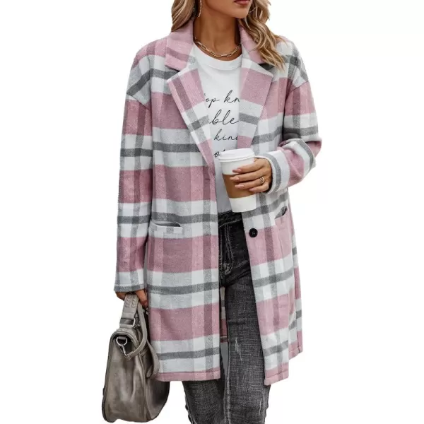 imagePRETTYGARDEN Womens 2024 Plaid Shacket Jacket Casual Button Wool Blend Winter Tartan Trench Coat With PocketsPink White