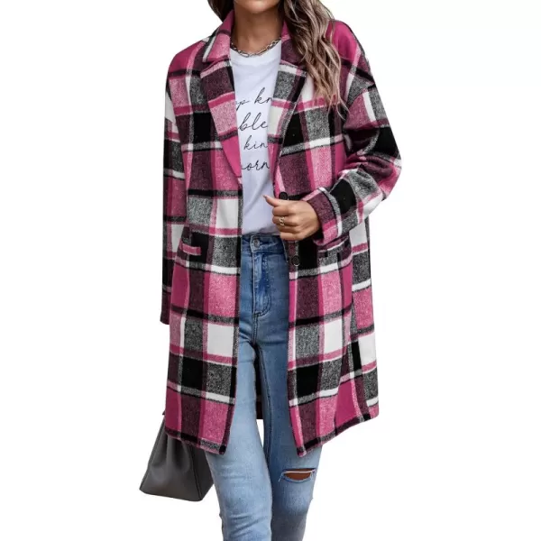 imagePRETTYGARDEN Womens 2024 Plaid Shacket Jacket Casual Button Wool Blend Winter Tartan Trench Coat With PocketsRose Red