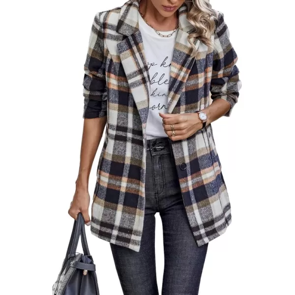 imagePRETTYGARDEN Womens 2024 Plaid Shacket Jacket Casual Button Wool Blend Winter Tartan Trench Coat With PocketsShort Style Brown