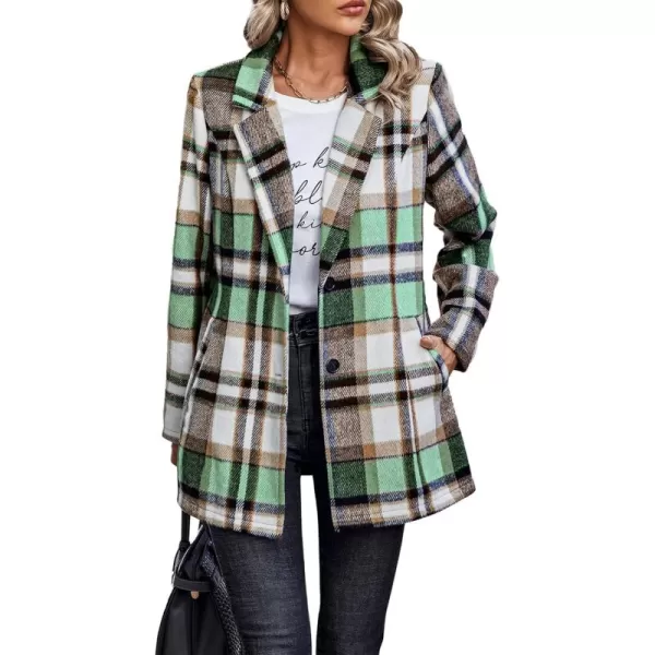 imagePRETTYGARDEN Womens 2024 Plaid Shacket Jacket Casual Button Wool Blend Winter Tartan Trench Coat With PocketsShort Style Green