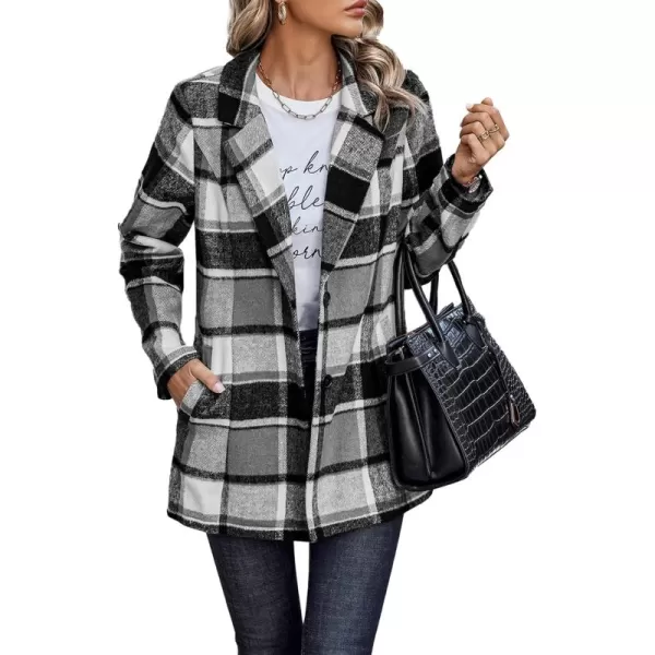 imagePRETTYGARDEN Womens 2024 Plaid Shacket Jacket Casual Button Wool Blend Winter Tartan Trench Coat With PocketsShort Style Grey