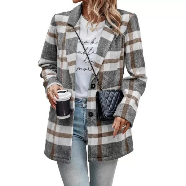 imagePRETTYGARDEN Womens 2024 Plaid Shacket Jacket Casual Button Wool Blend Winter Tartan Trench Coat With PocketsShort Style Grey White
