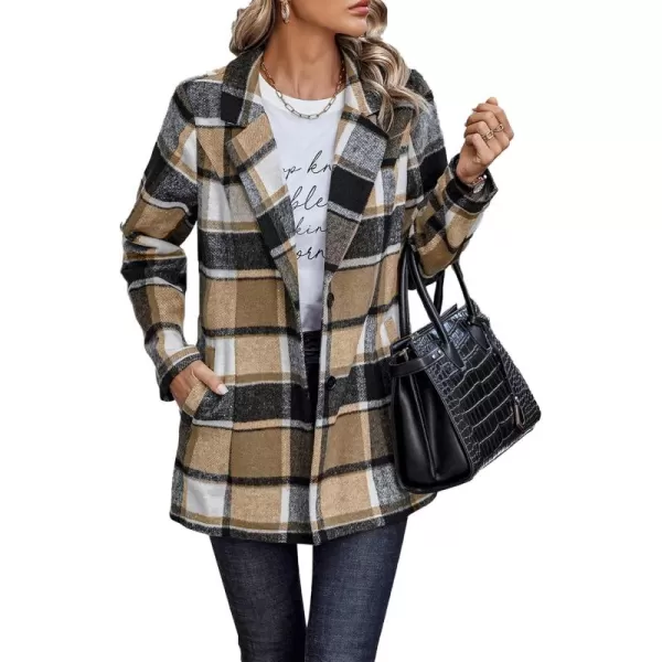 imagePRETTYGARDEN Womens 2024 Plaid Shacket Jacket Casual Button Wool Blend Winter Tartan Trench Coat With PocketsShort Style Khaki