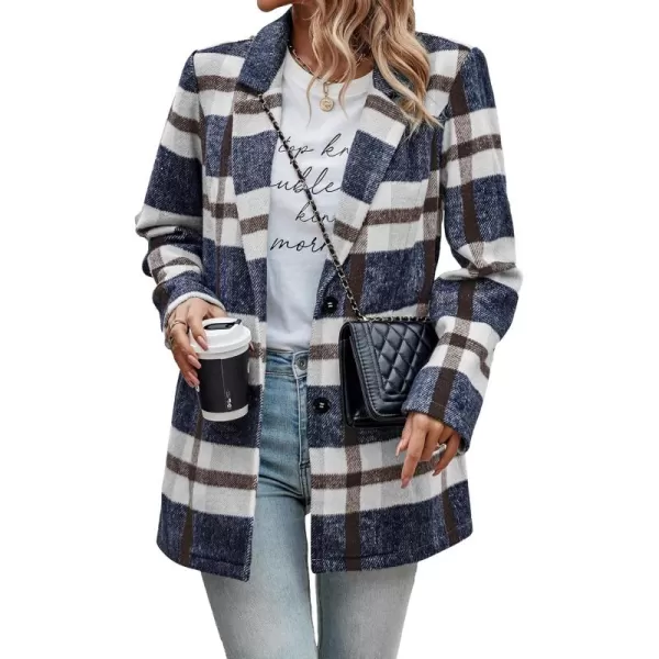 imagePRETTYGARDEN Womens 2024 Plaid Shacket Jacket Casual Button Wool Blend Winter Tartan Trench Coat With PocketsShort Style Navy Plaid