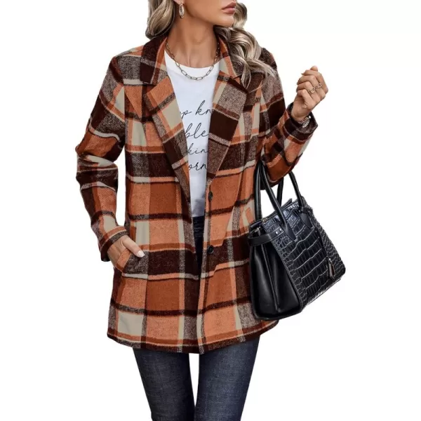 imagePRETTYGARDEN Womens 2024 Plaid Shacket Jacket Casual Button Wool Blend Winter Tartan Trench Coat With PocketsShort Style Orange