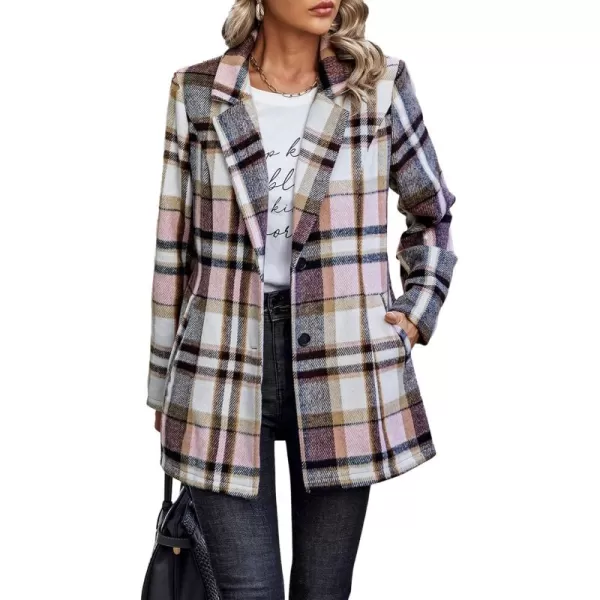 imagePRETTYGARDEN Womens 2024 Plaid Shacket Jacket Casual Button Wool Blend Winter Tartan Trench Coat With PocketsShort Style Pink