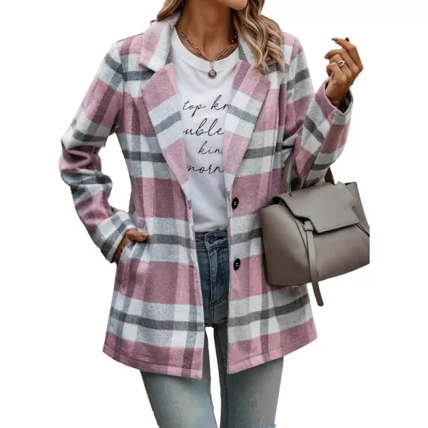 imagePRETTYGARDEN Womens 2024 Plaid Shacket Jacket Casual Button Wool Blend Winter Tartan Trench Coat With PocketsShort Style Pink White