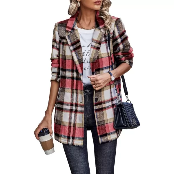 imagePRETTYGARDEN Womens 2024 Plaid Shacket Jacket Casual Button Wool Blend Winter Tartan Trench Coat With PocketsShort Style Red