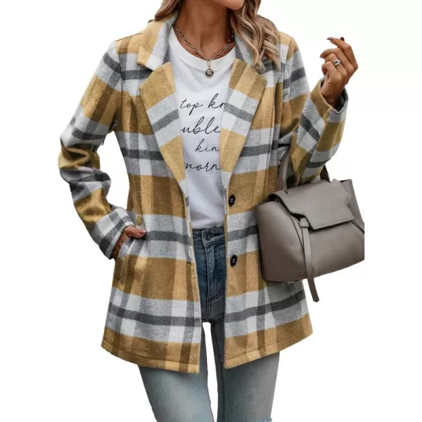 imagePRETTYGARDEN Womens 2024 Plaid Shacket Jacket Casual Button Wool Blend Winter Tartan Trench Coat With PocketsShort Style Yellow Plaid