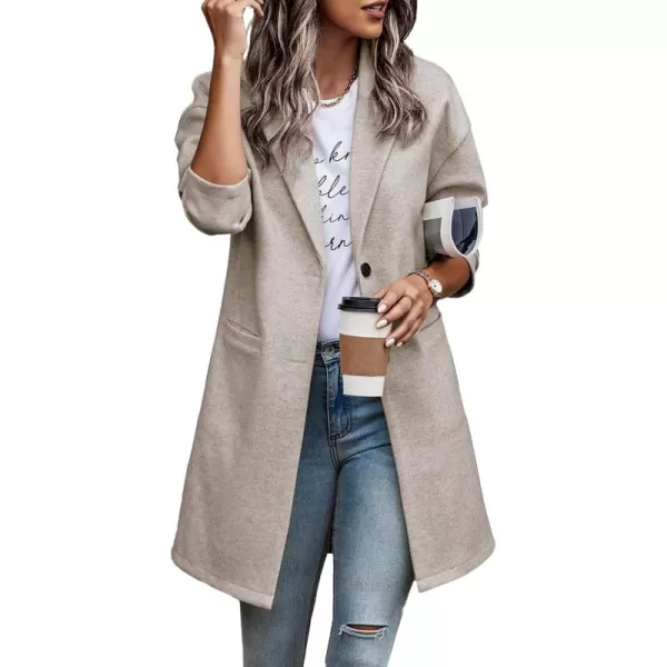 imagePRETTYGARDEN Womens 2024 Plaid Shacket Jacket Casual Button Wool Blend Winter Tartan Trench Coat With PocketsSolid Apricot