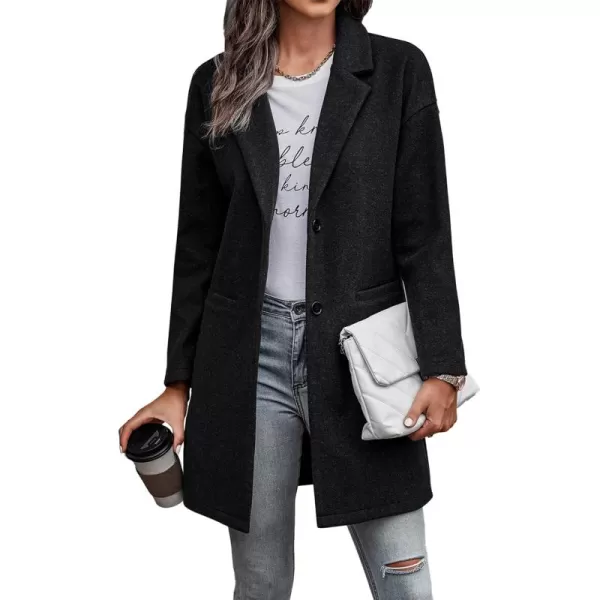 imagePRETTYGARDEN Womens 2024 Plaid Shacket Jacket Casual Button Wool Blend Winter Tartan Trench Coat With PocketsSolid Black