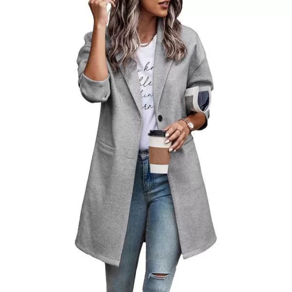 imagePRETTYGARDEN Womens 2024 Plaid Shacket Jacket Casual Button Wool Blend Winter Tartan Trench Coat With PocketsSolid Light Grey