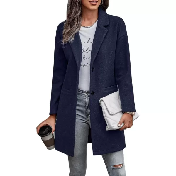 imagePRETTYGARDEN Womens 2024 Plaid Shacket Jacket Casual Button Wool Blend Winter Tartan Trench Coat With PocketsSolid Navy