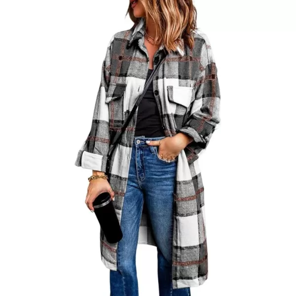 imagePRETTYGARDEN Womens 2024 Plaid Shacket Jacket Long Sleeve Button Down Shirts Fashion Winter Wool CoatsBlack