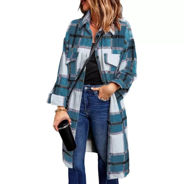 imagePRETTYGARDEN Womens 2024 Plaid Shacket Jacket Long Sleeve Button Down Shirts Fashion Winter Wool CoatsBlue Green