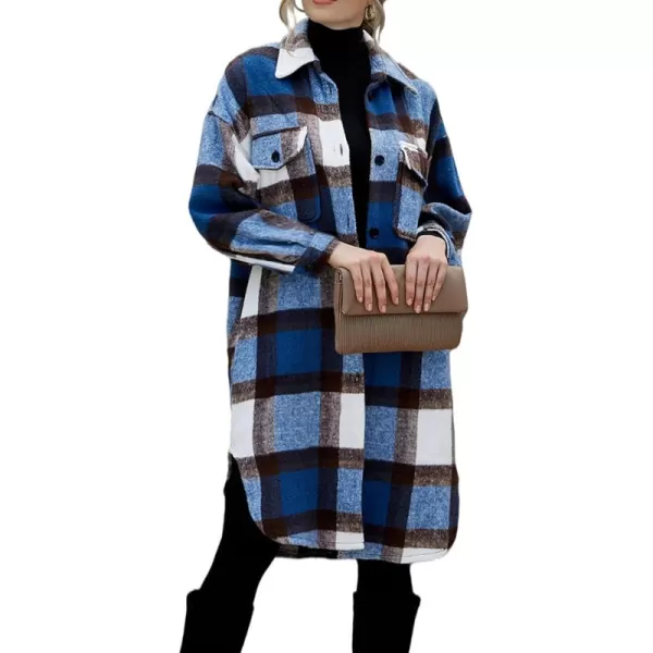 imagePRETTYGARDEN Womens 2024 Plaid Shacket Jacket Long Sleeve Button Down Shirts Fashion Winter Wool CoatsDark Blue
