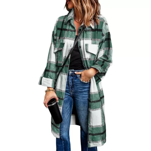 imagePRETTYGARDEN Womens 2024 Plaid Shacket Jacket Long Sleeve Button Down Shirts Fashion Winter Wool CoatsGreen