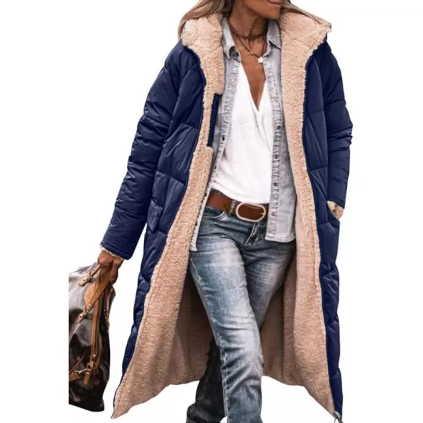 imagePRETTYGARDEN Womens 2024 Winter Fashion Clothes Oversized Shearling Fleece Long Coats JacketsNavy