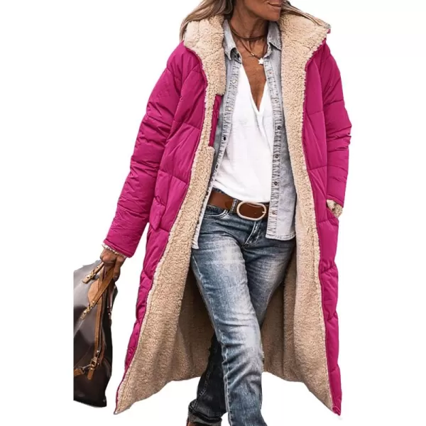 imagePRETTYGARDEN Womens 2024 Winter Fashion Clothes Oversized Shearling Fleece Long Coats JacketsRose Red