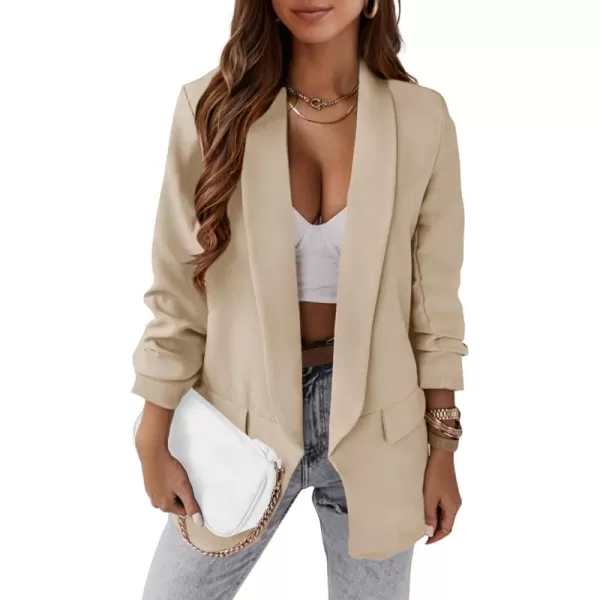 imagePRETTYGARDEN Womens Casual Blazer 2024 Fall Fashion Long Sleeve Open Front Work Office Suit JacketsBeige White