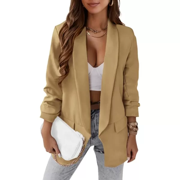 imagePRETTYGARDEN Womens Casual Blazer 2024 Fall Fashion Long Sleeve Open Front Work Office Suit JacketsKhaki
