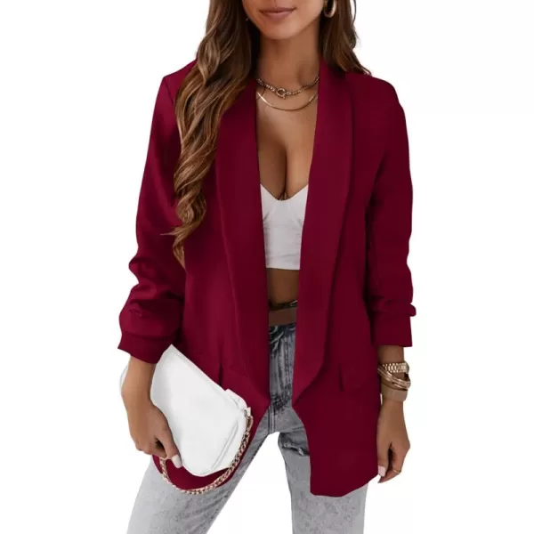 imagePRETTYGARDEN Womens Casual Blazer 2024 Fall Fashion Long Sleeve Open Front Work Office Suit JacketsWine Red