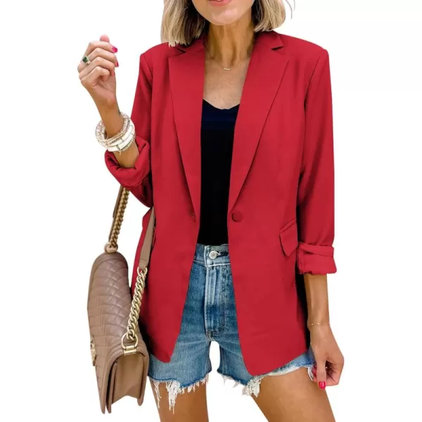 imagePRETTYGARDEN Womens Casual Blazers Long Sleeve Open Front Button Work Office Blazer Jackets with PocketsRed