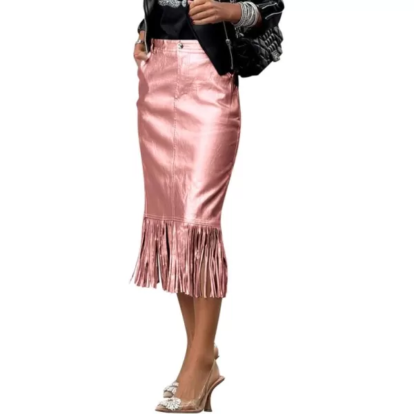 imagePRETTYGARDEN Womens Metallic Midi Party Skirt Casual High Waisted Fringe Shiny Y2K Long Pencil Skirts Fall ClothesMetallic Pink